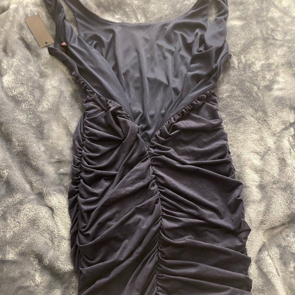 Brand New Navy Blue Suede Ruched Dress